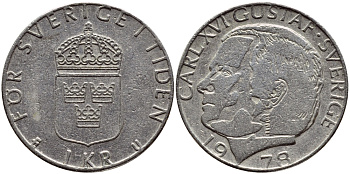 Швеция 1 крона 1978 Карл XVI Густав (1973- ) KM 852 медь плакированная медно-никелем 56-356