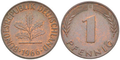 ФРГ 1 ПФЕННИГ 1966 G KM 105, J. 380 сталь плакированная медью 4181-541