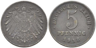 ГЕРМАНИЯ 5 ПФЕННИГОВ 1918 J KM 19, J. 297 железо 105-861