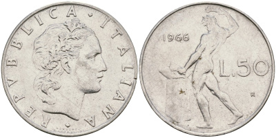 Италия 50 лир 1966 R, бог огня Вулкан у наковальни KM 95.1 нержавеющая сталь 4171-1025
