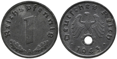 ГЕРМАНИЯ 1 РЕЙХСПФЕННИГ 1943 A KM 97, J.369 цинк 96-754