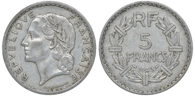 Франция 5 франков 1949 KM 888b.1, Le Franc 339.17 алюминий 4162-232