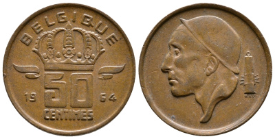 БЕЛЬГИЯ 50 САНТИМОВ 1964 BELGIQUE КМ 148.1 бронза 176-651