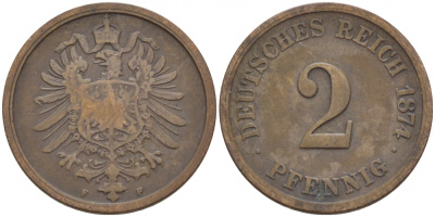 ГЕРМАНИЯ 2 ПФЕННИГА 1874 F, СТАРОГЕРБОВКА KM 2, J.2 медь 110-231