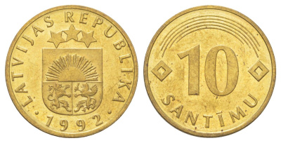 Латвия 10 сантимов 1992 KM 17 никель латунь UNC 4625-621