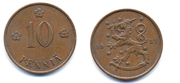 Финляндия 10 пенни 1937 KM 24 медь 51-5626