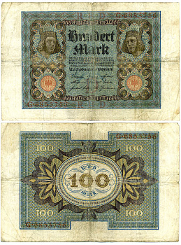 Германия 100 марок 1920 Бамбергский всадник, 7 цифр в номере Pick 69 a, Розенберг 67а  бумага 3295-115-2-1