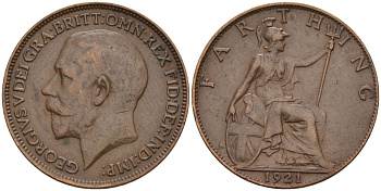Великобритания 1 фартинг 1921 Георг V (1910-1936), светлая отделка KM 808.2, Spink 4060 бронза 4154-249