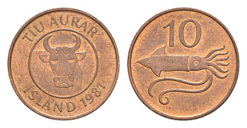Исландия 10 эйре 1981 кальмар KM 25 бронза UNC 4632-942