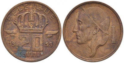 БЕЛЬГИЯ 20 САНТИМОВ 1959 BELGIQUE KM 146 бронза 4532-114