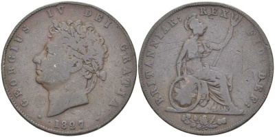 Великобритания 1/2 пенни 1827 Георг IV (1820-1830) KM 692, Spink 3824 медь 97-631