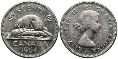 КАНАДА 5 ЦЕНТОВ 1964 БОБЁР, ЕЛИЗАВЕТА II (1952-) KM 57 никель 3336-235