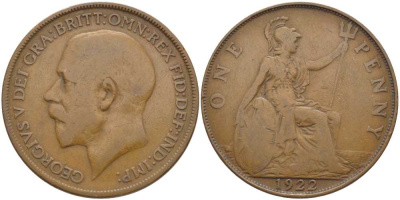 Великобритания 1 пенни 1922 Георг V (1910-1936) KM 810, Spink 4051 бронза 115-224