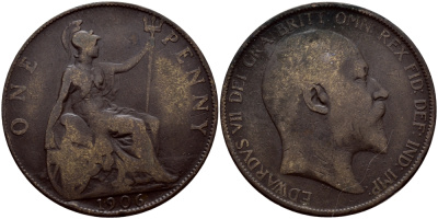 Великобритания 1 пенни 1906 Эдуард VII (1901-1910) KM 794.2, Spink 3990 бронза 540-431