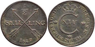Швеция 1/2 скиллинга 1827 Карл XIV Юхан (1818-1844), SKIL-LING KM 596 медь 00-00
