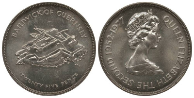 Гернси 25 пенсов 1977 25 лет правления Елизаветы II, крепость KM 31 медно-никель UNC 1078-3-33