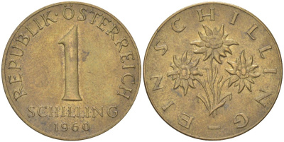 Австрия 1 шиллинг 1960 KM 2886 алюминиевая бронза 4142-1055