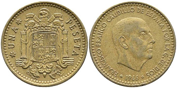 ИСПАНИЯ 1 ПЕСЕТА 1966 (73) ФРАНСИСКО ФРАНКО ДИКТАТОР ИСПАНИИ (1939-1975) KM 796 алюминиевая бронза 110-1225