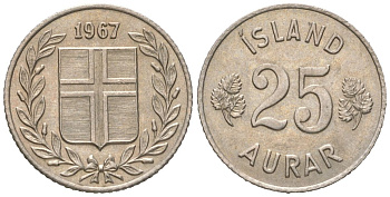 Исландия 25 эйре 1967 KM 11 медно-никель UNC 4611-422