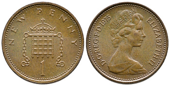 Великобритания 1 пенни 1975 Елизавета II (1952-2022) KM 915, Spink 4237 (B1) бронза 72-1147