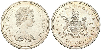 Канада 1 доллар 1971 100 лет присоединению Британской Колумбии KM 80 серебро BU 00-1067-1-23