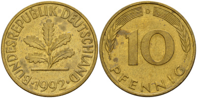 ФРГ 10 пфеннигов 1992 D J. 383, KM 108 сталь плакированная латунью    4603-641