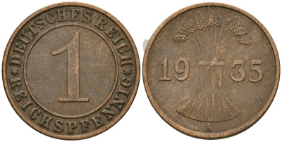 Германия 1 рейхспфенниг 1935 A KM 37, J. 313 бронза 4528-247