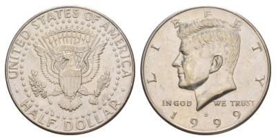 США 1/2 доллара (50 центов) 1999 D, Джон Кеннеди KM A202b медь плакированная медно-никелем aUNC 4512-1216