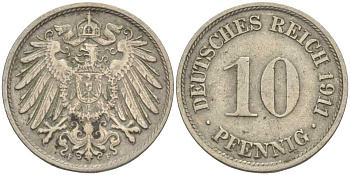 ГЕРМАНИЯ 10 ПФЕННИГОВ 1911 F KM 12, J. 13 медно-никель 31-1125