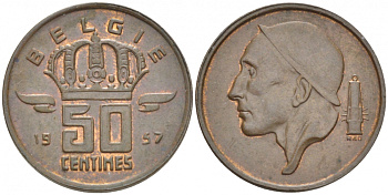 БЕЛЬГИЯ 50 САНТИМОВ 1957 BELGIE KM 149.1 бронза 3996-1242