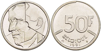 БЕЛЬГИЯ 50 ФРАНКОВ 1991 BELGIQUE, БОДУЭН I (1951-1993) KM 168 никель 210-946