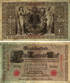 ГЕРМАНИЯ 1000 МАРОК 1910 21 АПРЕЛЯ 1910, СЕМИЗНАЧНЫЙ НОМЕР, СЕРИЯ К Pick 44b бумага 8610-9-1