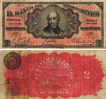 Мексика, Революция 2 песо 1914 Толука штат Мехико, Банк Мексики Pick S337 бумага 451-219-1