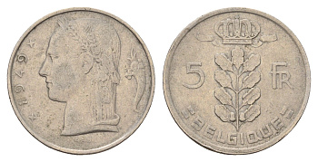 Бельгия 5 франков 1949 Леопольд III (1934-1950), Belgique KM 134 медно-никель 3459-847