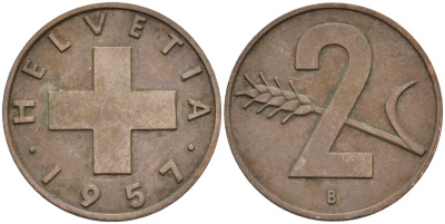 Швейцария 2 раппена 1957 В KM 47 бронза 4591-1127