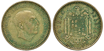 ИСПАНИЯ 1 ПЕСЕТА 1966 (73) ФРАНСИСКО ФРАНКО ДИКТАТОР ИСПАНИИ (1939-1975) КМ 796 алюминиевая бронза 72-954