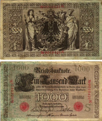 ГЕРМАНИЯ 1000 МАРОК 1910 21 АПРЕЛЯ 1910, СЕМИЗНАЧНЫЙ НОМЕР, СЕРИЯ К Pick 44b бумага 8610-9-1