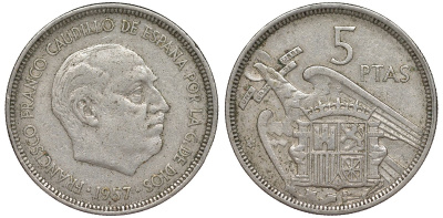 Испания 5 песета 1957 (58) Франсиско Франко (1939-1975) KM 786 медно-никель 4176-132