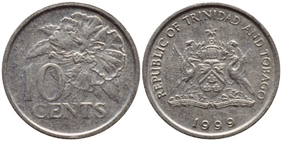Тринидад и Тобаго 10 центов 1999 цветок гибискуса KM 31 медно-никель 4396-917