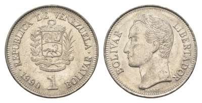 Венесуэла 1 боливар 1990 Симон Боливар Y 52a.2 сталь плакированная никелем 4662-917