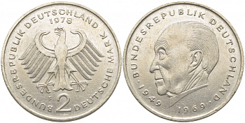 ФРГ 2 МАРКИ 1978 F, КОНРАД АДЕНАУЭР KM 124, J. 406 медно-никель плакированный никелем 3856-254