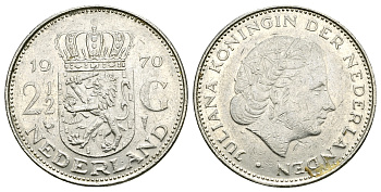 Нидерланды 2 1/2 гульдена 1970 Юлиана (1948-1980) KM 191 никель 4385-913