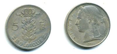 БЕЛЬГИЯ 5 ФРАНКОВ 1967 BELGIQUE KM 134.1 медно-никель 89-1735