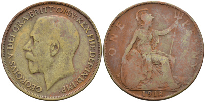 Великобритания 1 пенни 1918 Георг V (1910-1936) КМ 810, Spink 4051 бронза 4593-211