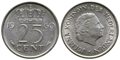 НИДЕРЛАНДЫ 25 ЦЕНТОВ 1960 ЮЛИАНА KM 183 никель 4110-1733