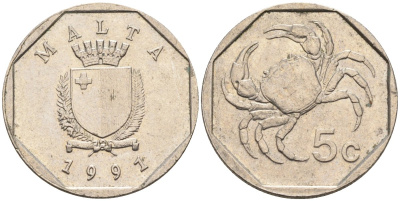 Мальта 5 центов 1991 краб KM 95 медно-никель 4588-119