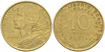 ФРАНЦИЯ 10 САНТИМОВ 1967 ТИП MARIANNE KM 929 медь алюминий никель 4547-1122