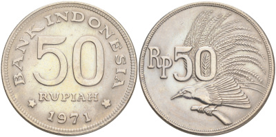 Индонезия 50 рупий 1971 райская птица KM 35 медно-никель UNC 4556-232