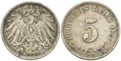 ГЕРМАНИЯ 5 ПФЕННИГОВ 1897 D KM 11, J. 12 медно-никель 206-1211