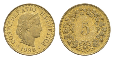 Швейцария 5 раппенов 1996 B KM 26c алюминиевая бронза UNC 4627-934